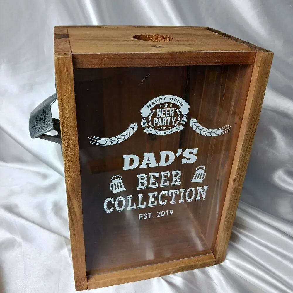 DAD'S BEER COLLECTION BANK OR TOPS COLLECTOR W/ SIDE BOTTLE OPENER DATED 2019